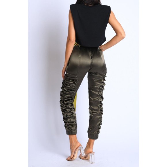 Women's Casual Satin Shirring Long Cuffed Pants With Belted Daily Outdoor Comfy - Picture 10 of 12